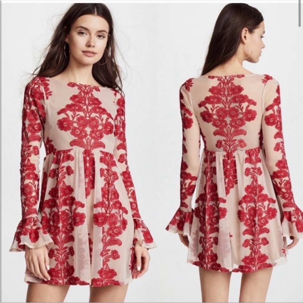 Anthropologie Red Floral Embroidered Long-Sleeve Mini Dress